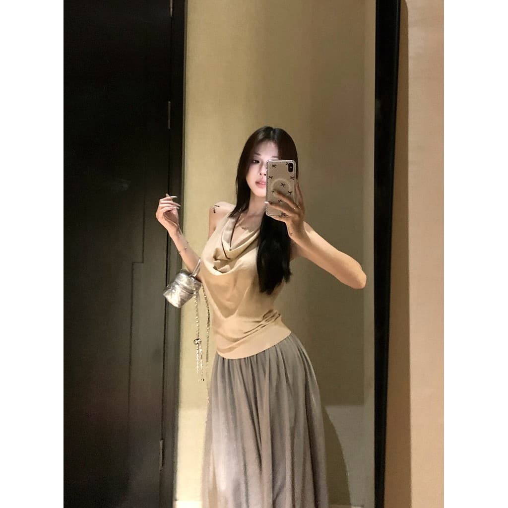 Kumikumi Design sentimento cor sólida elegante gola caída chique Halter colete feminino verão mais magro olhar All-Ma