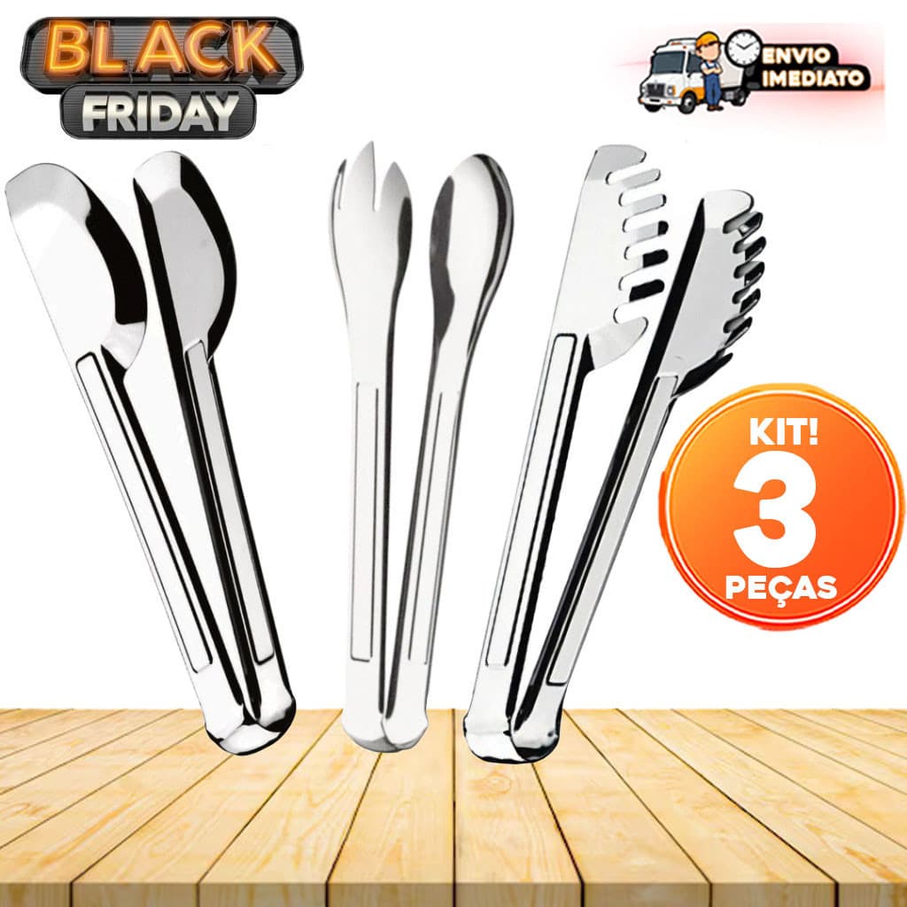 Kit 3 Pegadores de Salada e Massa 20 cm - Utensílios de Cozinha 100% Aço Inox