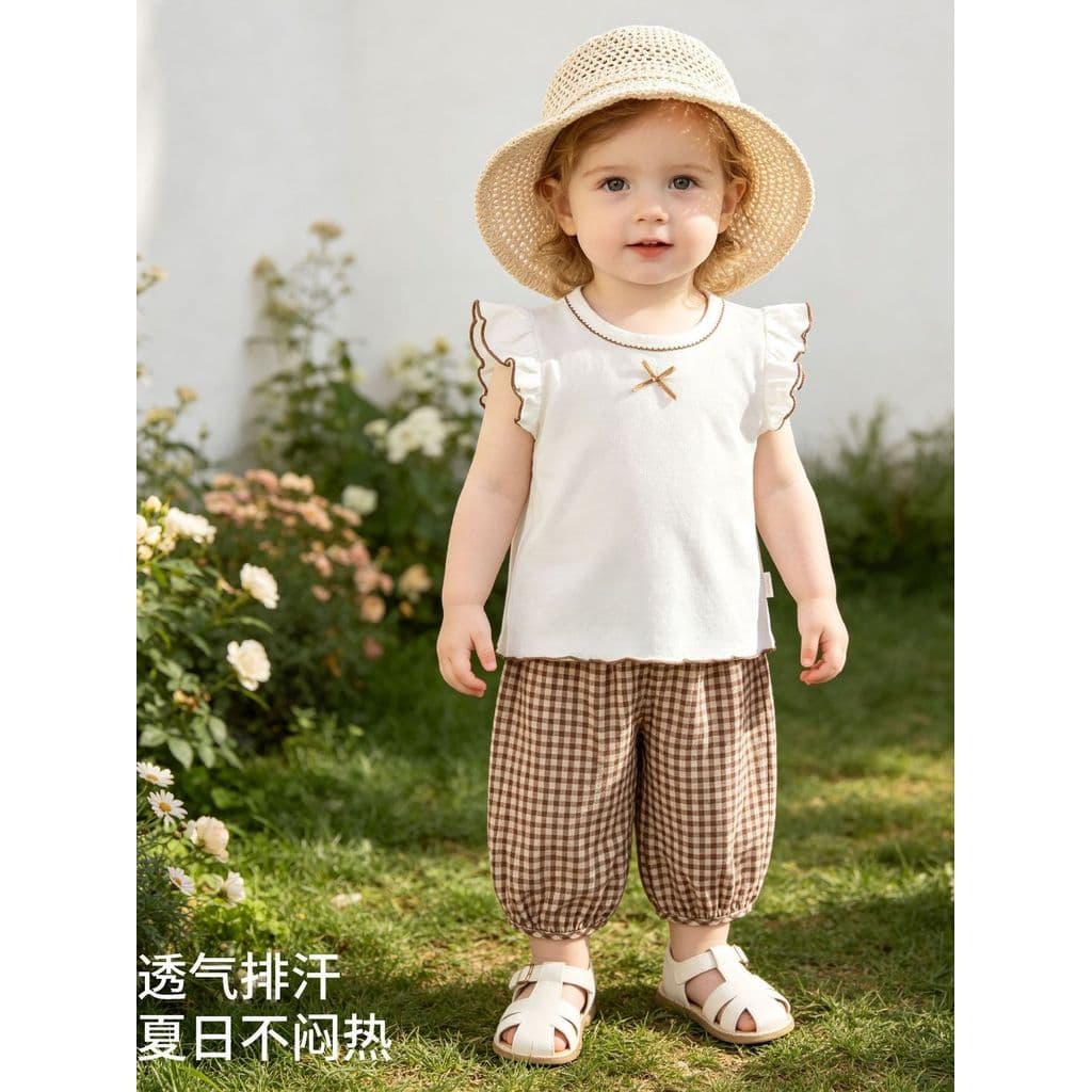 Meninas verão 2026 novo estilo bebê menina estilo ocidental de duas peças finas sem mangas topo Anti-Mosquito calças ter