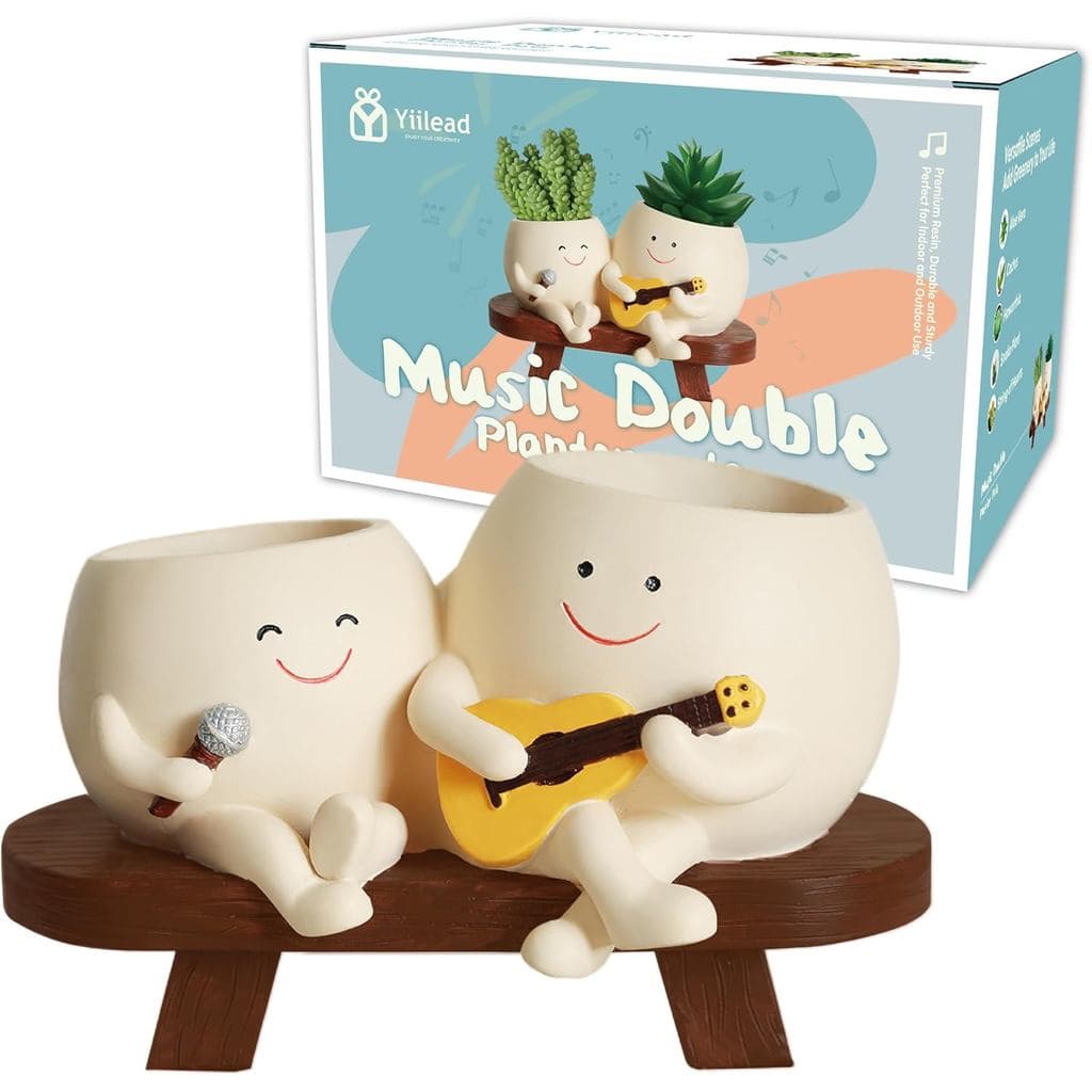 Vaso de Plantas com Rosto Sorridente, Vaso Único com Duas Cabeças em Forma de Guitarra Cantante, com Orifício de Drenage
