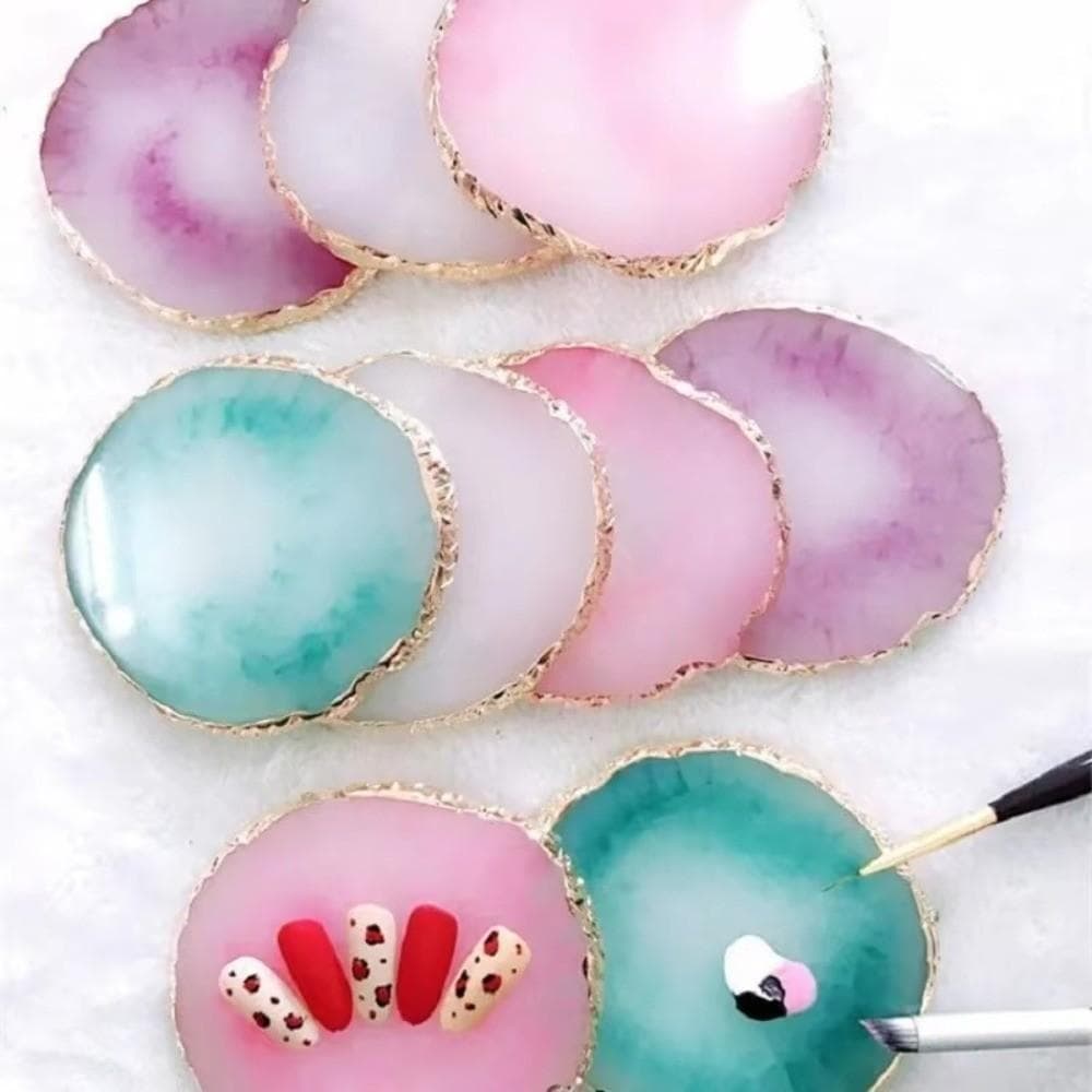 Paleta De Arte Em Unhas  , Redonda De Pedra De Ágata De Resina DIY Multifuncional De Esmalte Gel Com Bordas Dourad