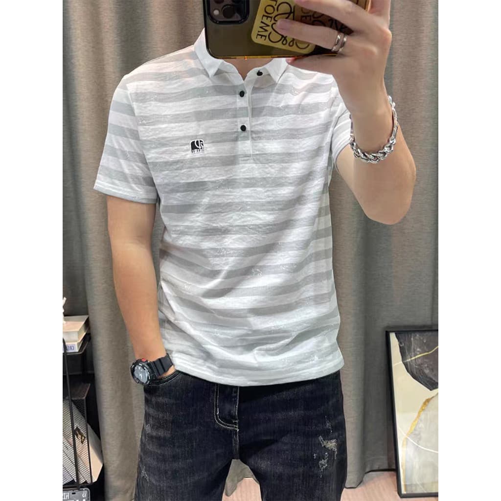 Camisa polo de manga curta listrada de linho de algodão masculina 2026 verão novo estilo na moda juventude colarinho cam