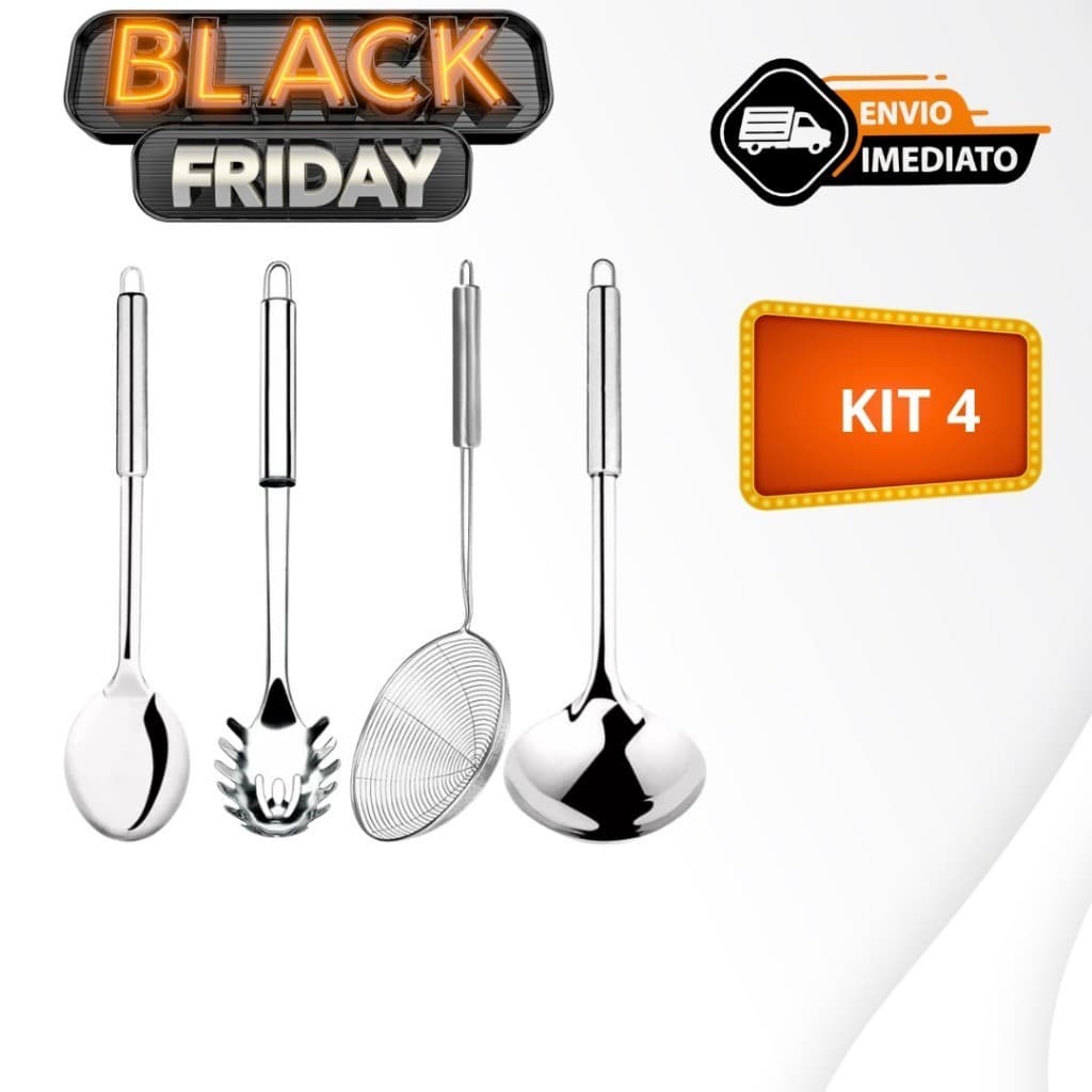 Kit Utensílios Linha PREMIUM de Cozinha 4 Peças 100% Inox Colher de Arroz Pegador de Massas Concha Escumadeira