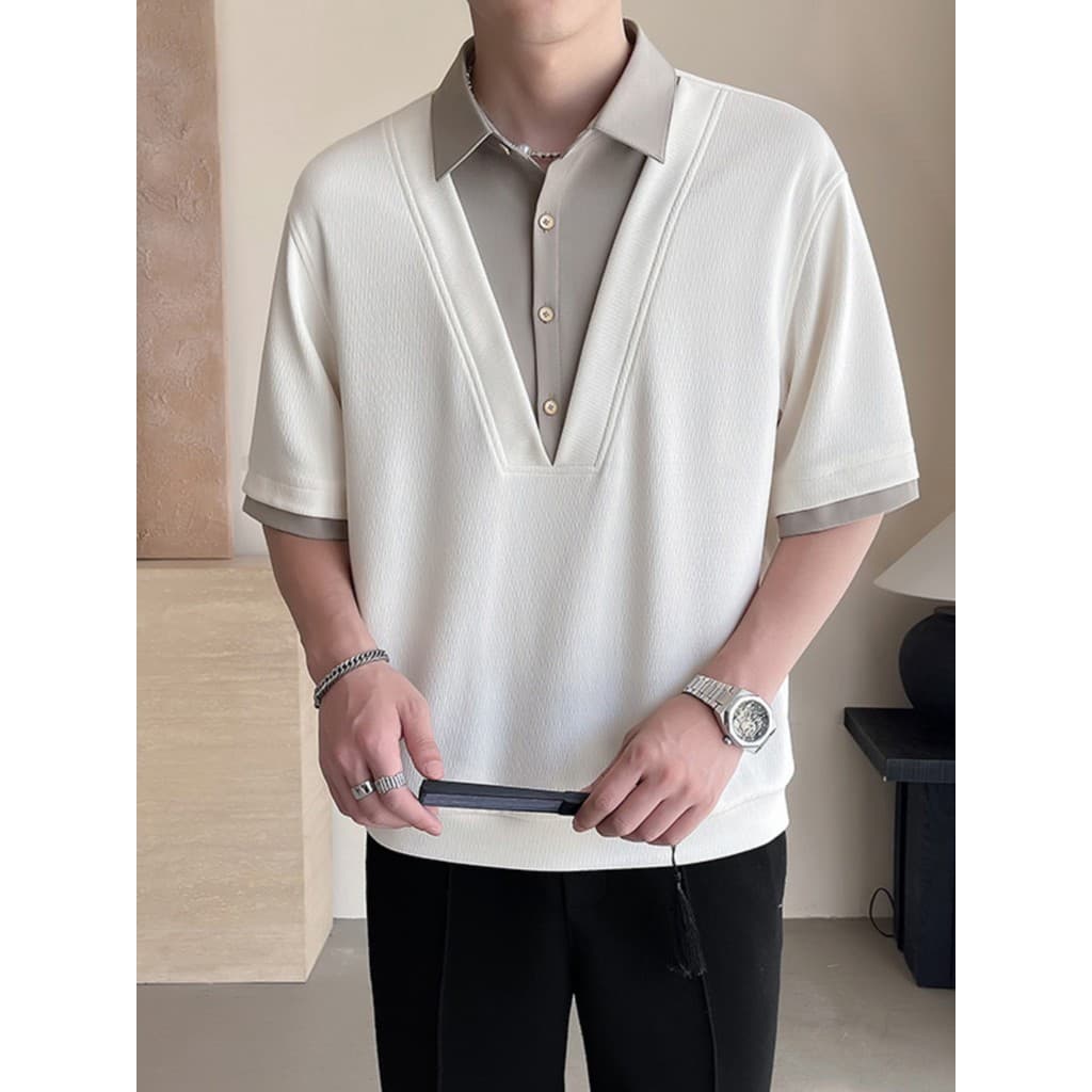 2024 verão novo estilo falso camisa de duas peças gola masculina moletom topo Street Wear Casual High-End camisa POLO de
