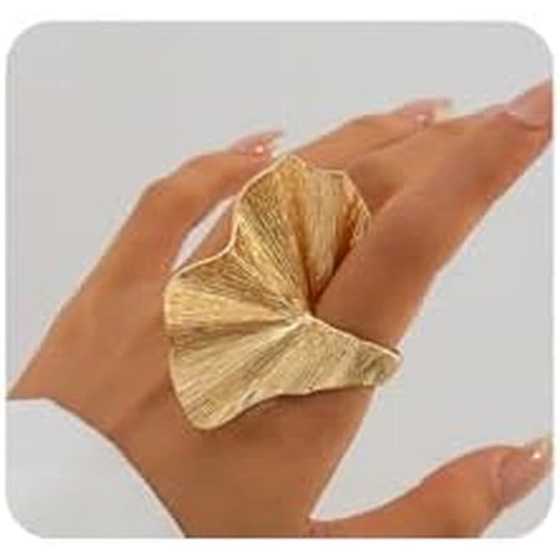 Anel De Junta De Folha De Ginkgo Dourado Robusto Rrdaily Para Mulheres , Dedo De Declaração De Pétala Plissada Geométric