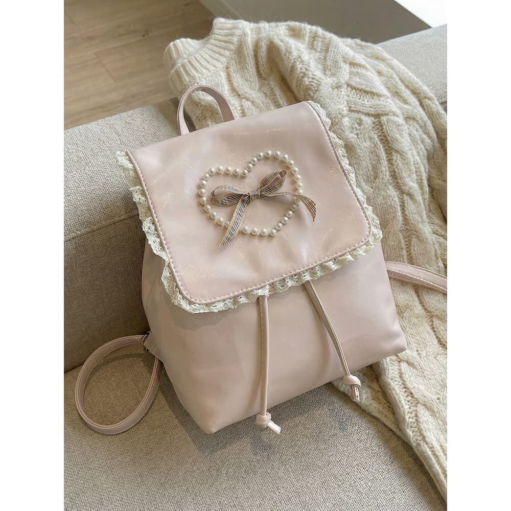 Macio fosco rosa doce menina mochila feminina 2026 novo estilo pérola arco rendas balde saco mochila de viagem
