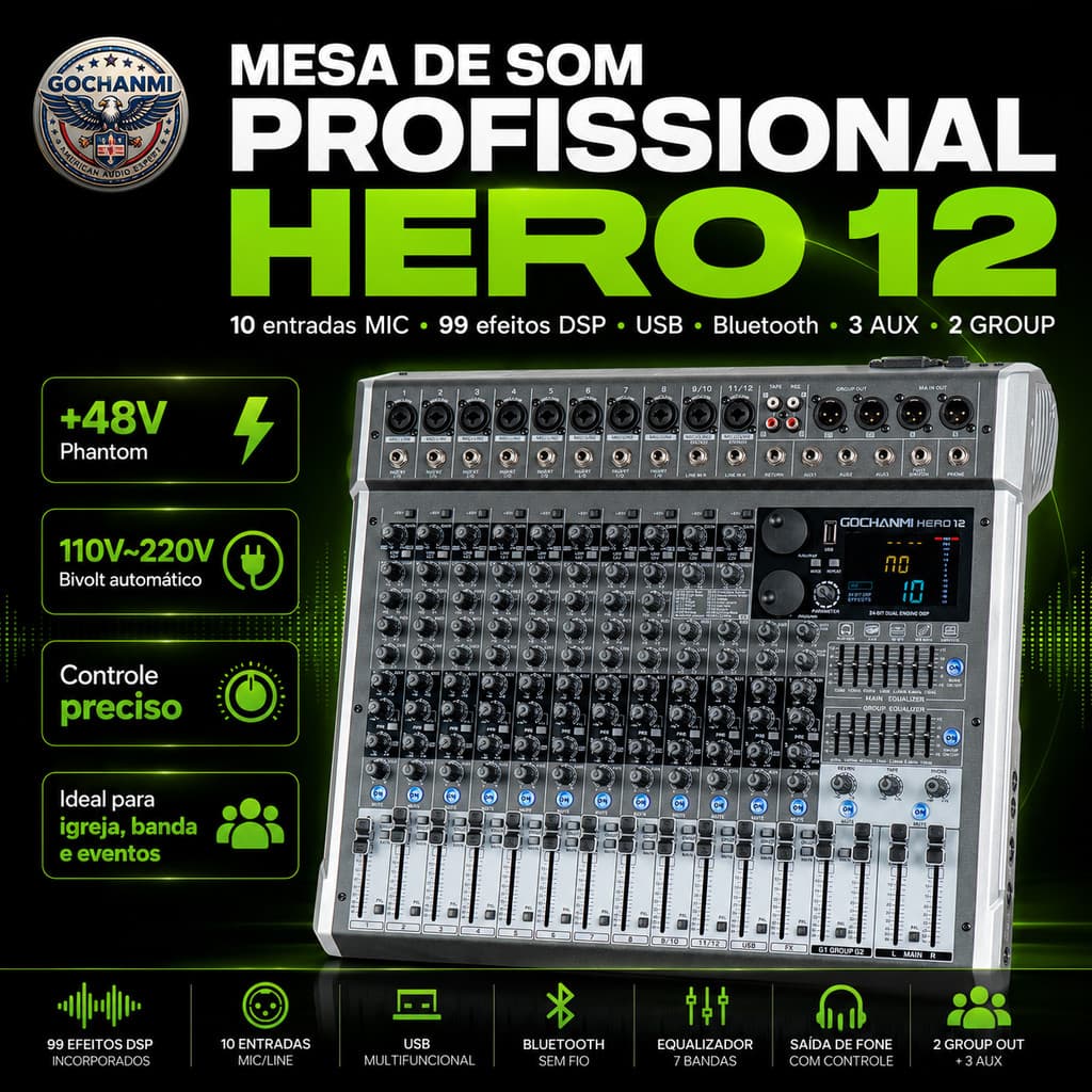 Mesa de Som Profissional GOCHANMI HERO12 12 Canais 10 Entradas MIC 99 DSP Bluetooth USB +48V Bivolt