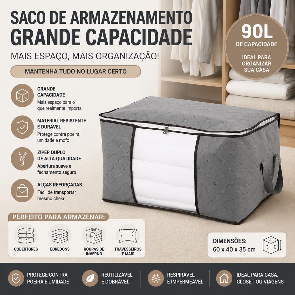 Kit 3 Sacos Organizador de Guarda-Roupa Anti Poeira e Umidade Dobrável Multiuso Para Roupas e Viagem