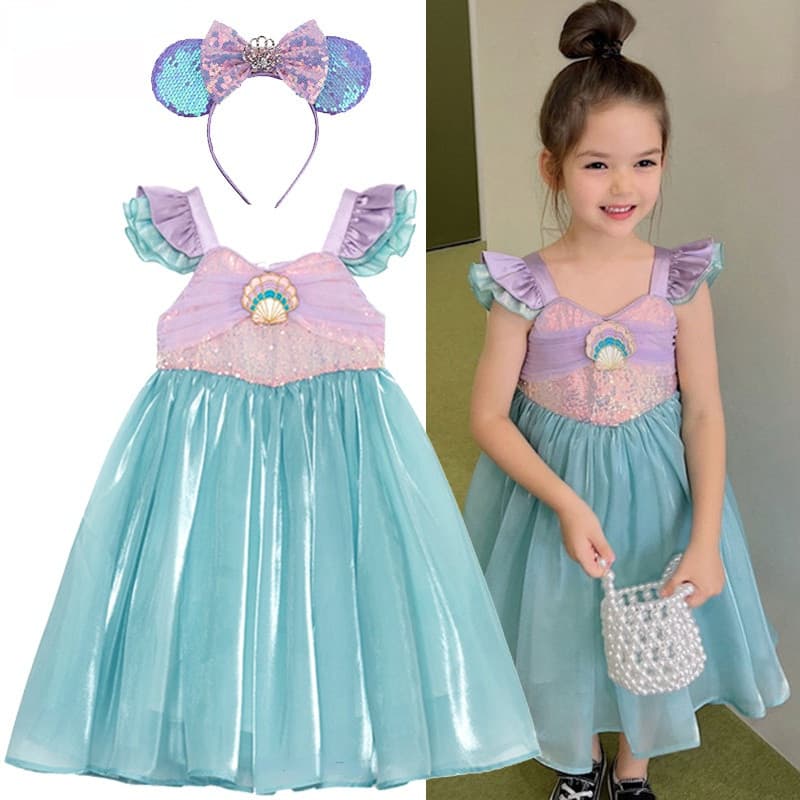 Vestido de Verão da Pequena Sereia para Meninas, Fantasia de Princesa Ariel para Crianças, Fantasia de Halloween, Carnav