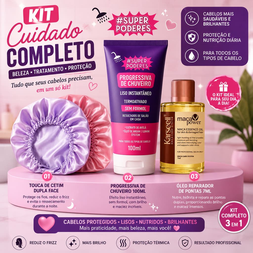 Kit  2x Progressiva de Chuveiro Super Poderes 100ml + Óleo Reparador de Pontas 7ml + Touca de Cetim – Efeito Liso Imedia