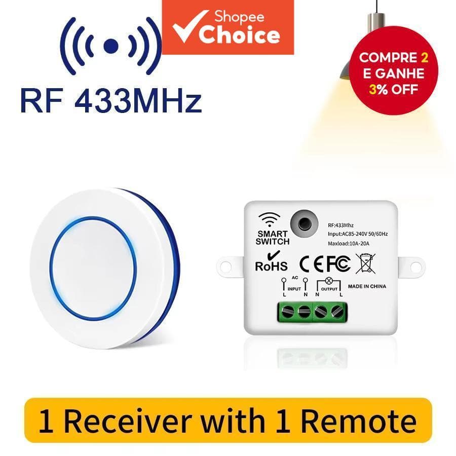 Interruptor De Luz Da Lâmpada RF433MHz , Controle Remoto Sem Fio , 220V , 110V , 10A , Receptor De Relé , Mini Botão Red