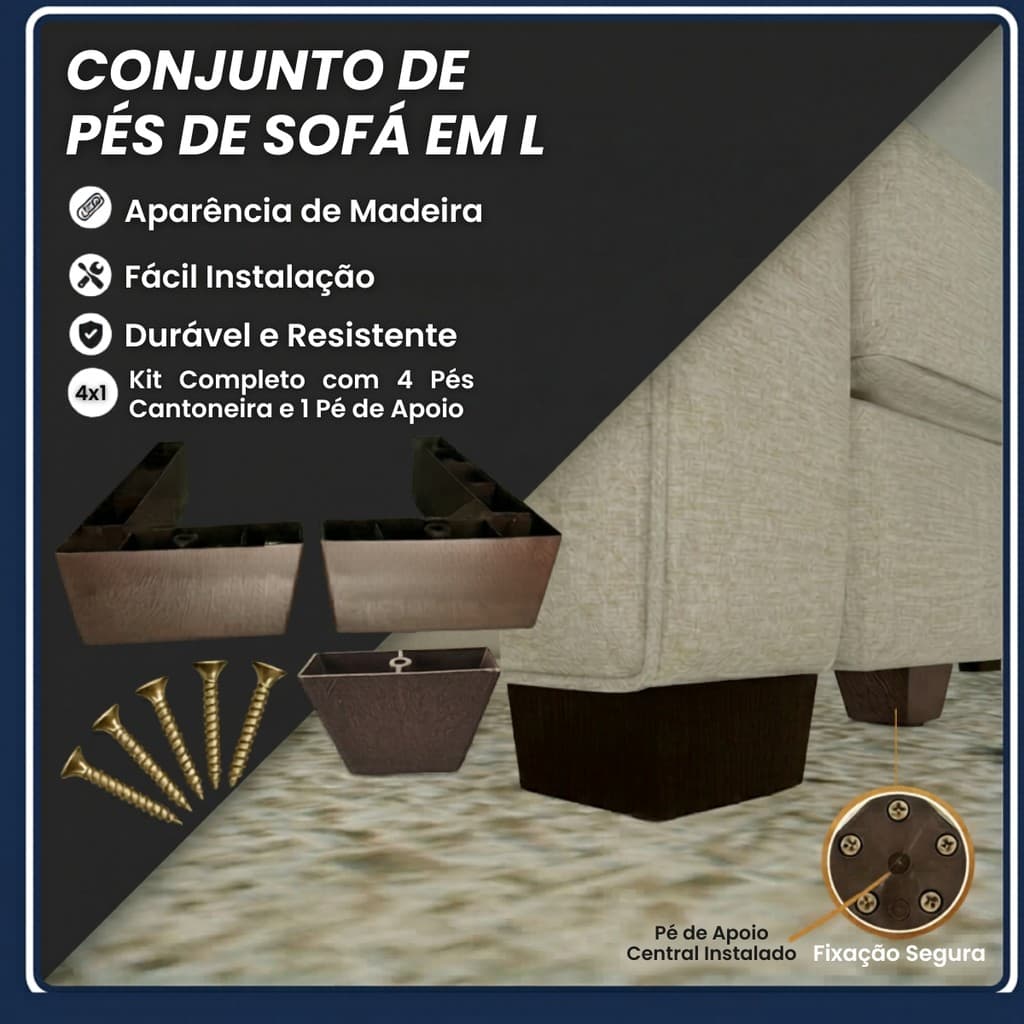 Kit 4 Pés Cantoneira e 1 Apoio Sofá Poltrona Puff Marrom Efeito Madeira Instalação Fácil c/ Parafuso