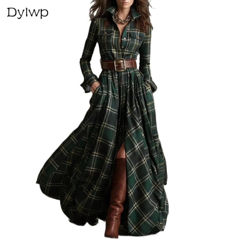 Vestido Feminino Casual De Manga Comprida Xadrez Camisa Com Cinto