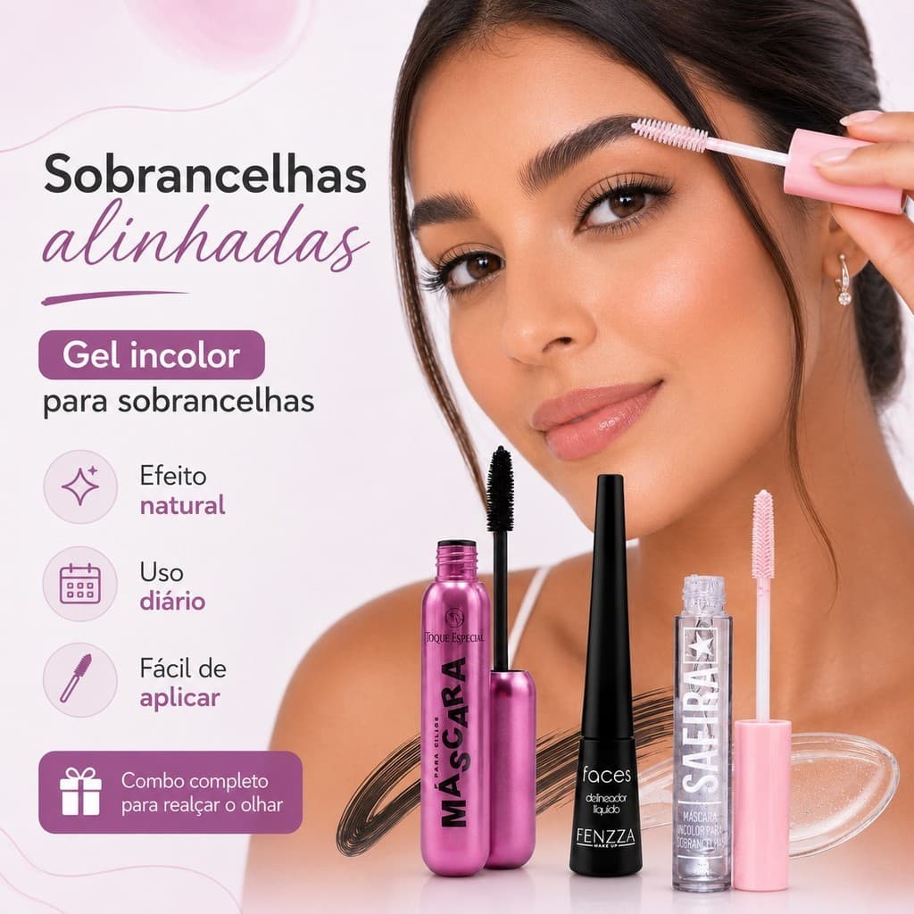 Kit Maquiagem para Olhos 3 Itens com Máscara de Cílios Preta, Delineador Líquido e Gel Incolor para Sobrancelhas