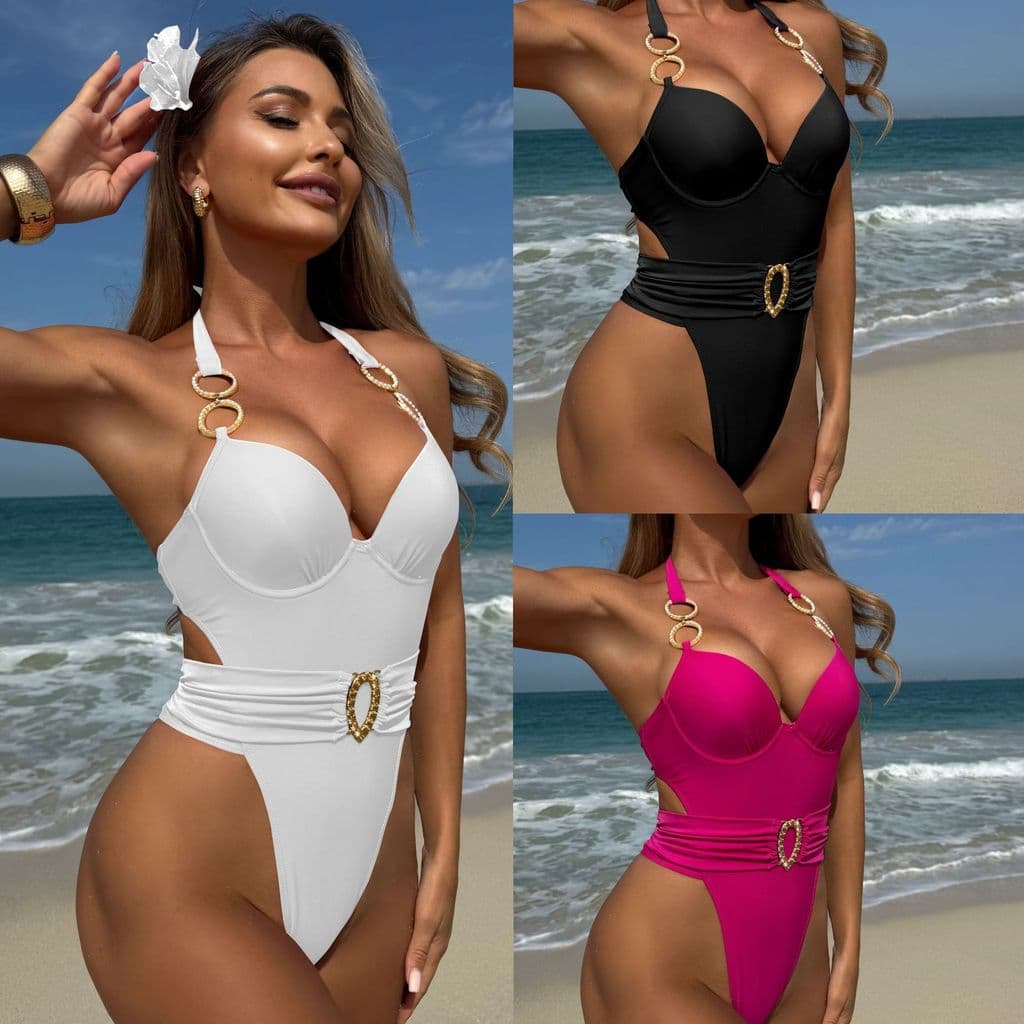 Maiô feminino sem alças de cor sólida com cintura integrada.