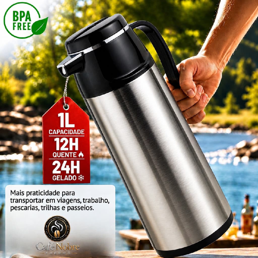 Garrafa Térmica Café Chá Inox 1L Pressão Aço Inox 12h Quente