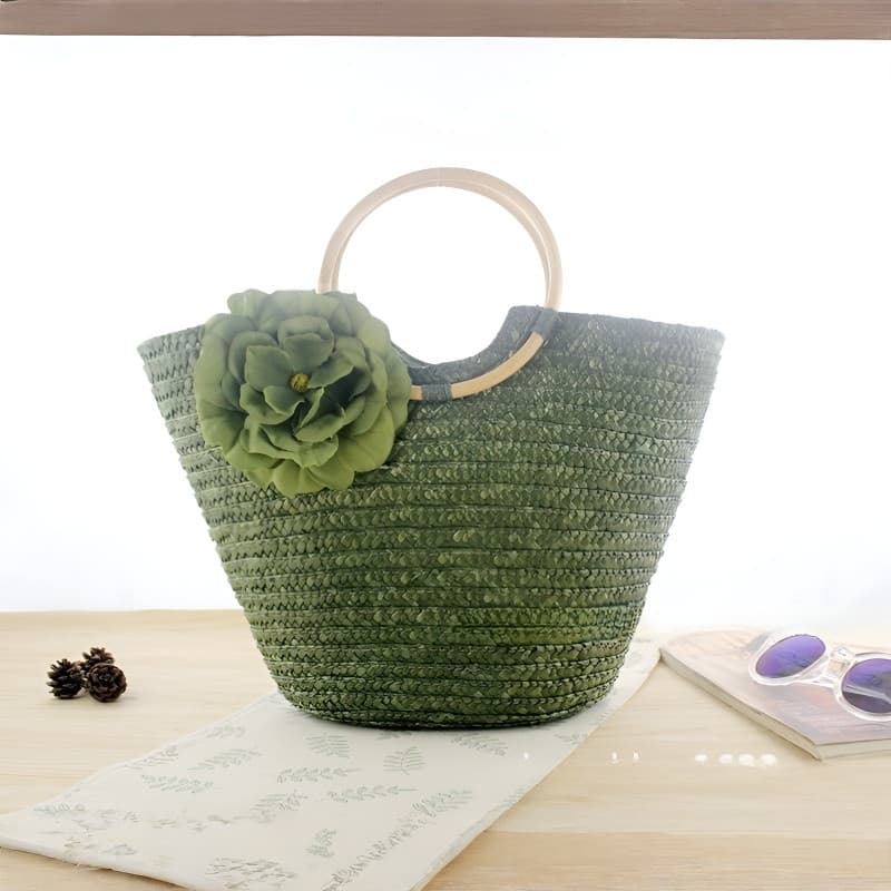 [Estilo Único] Bolsa de Palha Feminina com Flor Grande e Alça de Vime/Férias/Praia