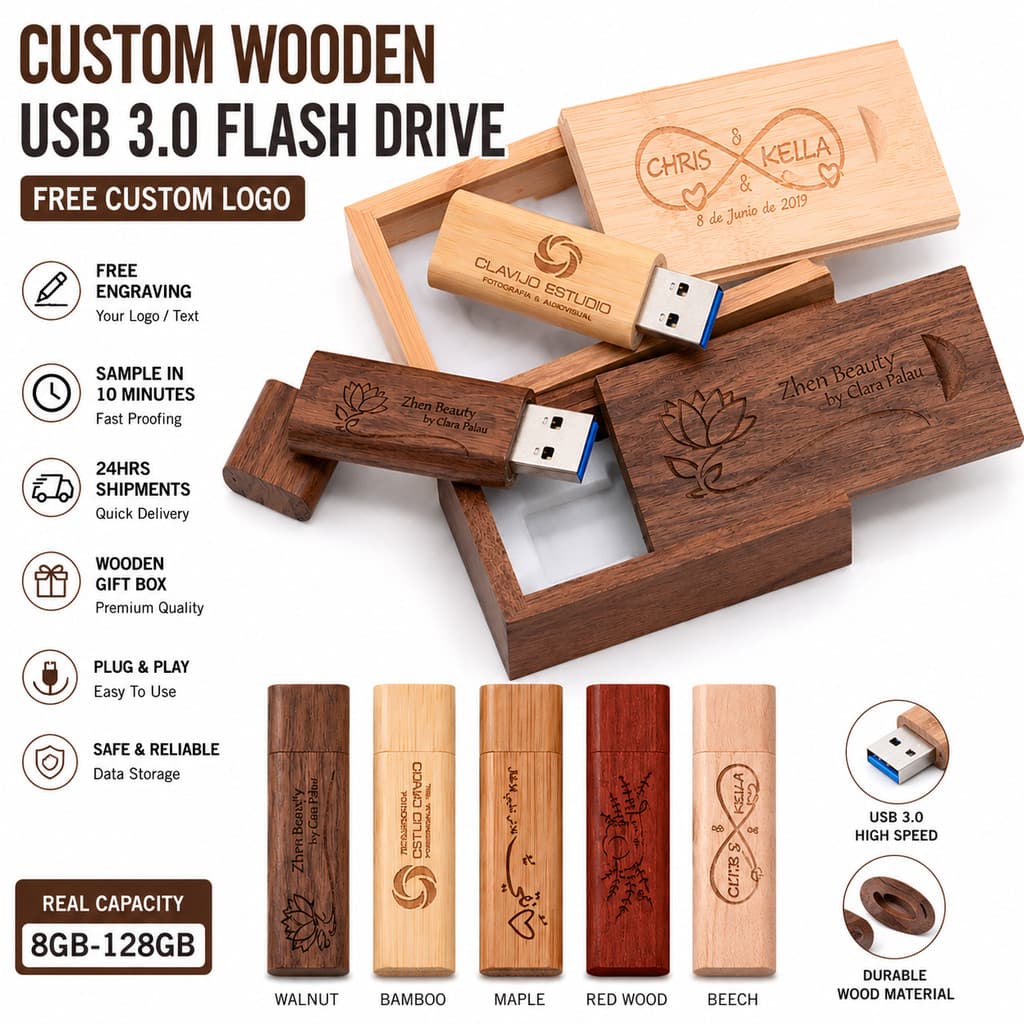 Unidade Flash USB 3.0 De Madeira Personalizada , Gravação De Logotipo Grátis Com Caixa , Pendrive Personalizado , Bastão