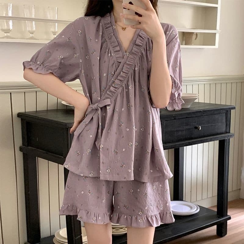 [JTZ] Shorts simples de manga curta de alto valor Pijama de verão Terno feminino, tecido de algodão nuvem desenho animad