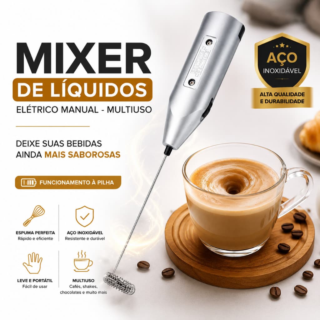 Mini Mixer Elétrico de Líquidos Multiuso à Pilha Espumador para Café Leite Cappuccino e Shakes