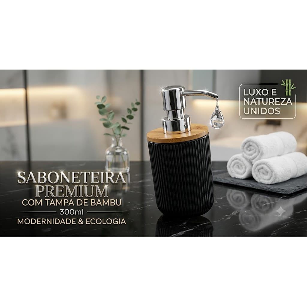 PORTA SABONETE LIQUIDO COM TAMPA DE BAMBU 300ML