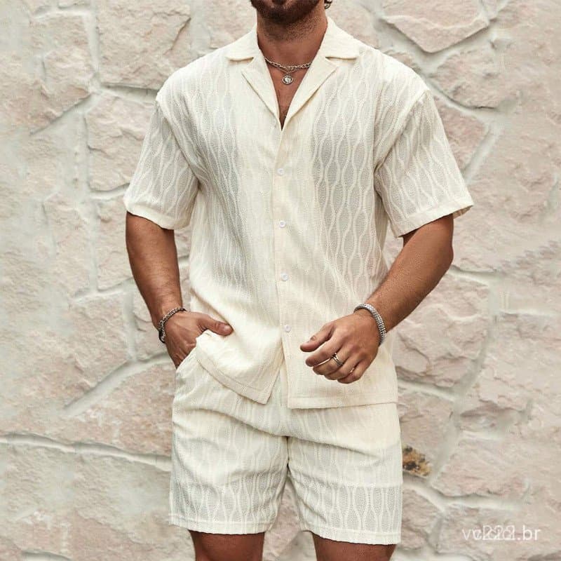Novo Conjunto Casual Masculino de Verão 2024, Camisa Solta de Manga Curta e Shorts de Algodão-Linho d NSIB HCYK