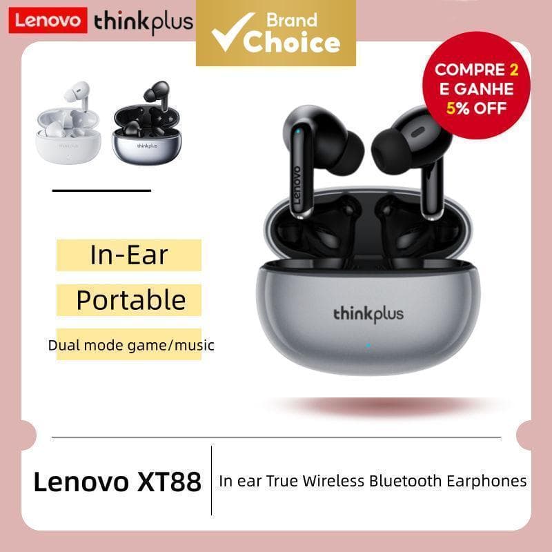 Fones de Ouvido Sem Fio Lenovo XT88, Bluetooth 5.3, Som Estéreo HiFi, Redução de Ruído, Fones Esportivos, Bateria de