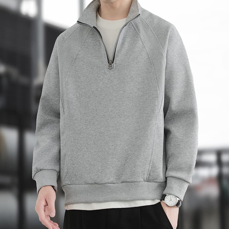 Moletom masculino de cor sólida com meio zíper, pesado, simples, costura com rosca, primavera outono 2026, inverno, solt
