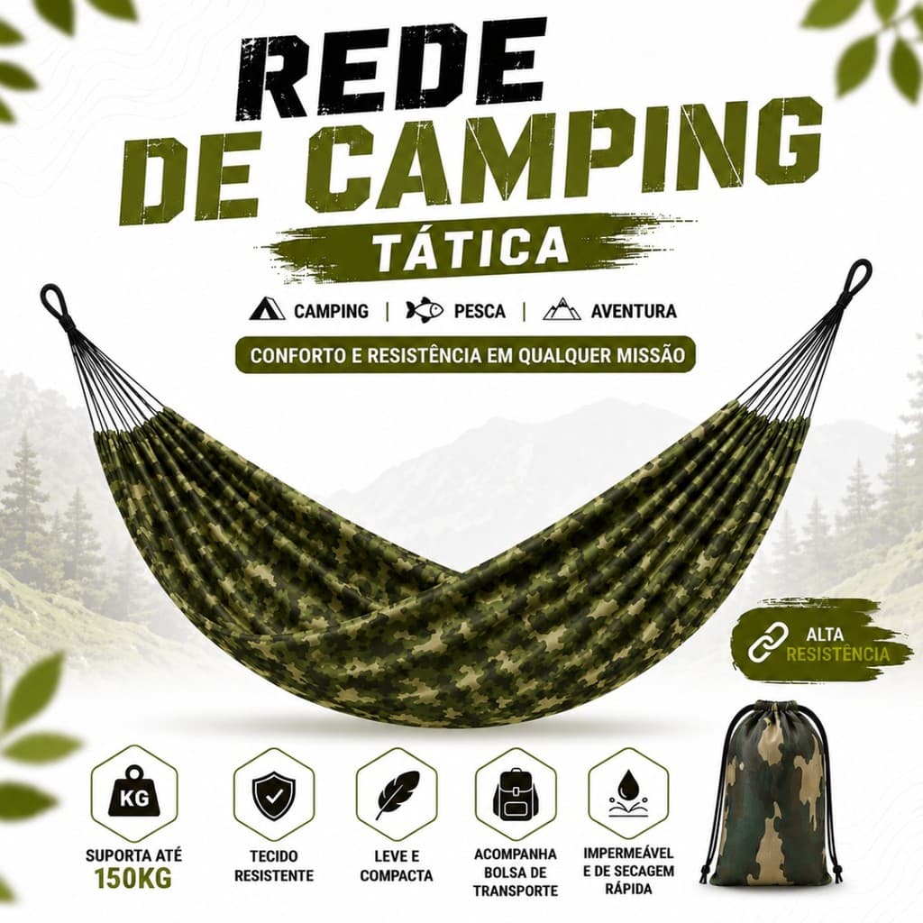 Rede de Camping Camuflada Militar Descanso Portátil Pesca Trilha Até 150kg