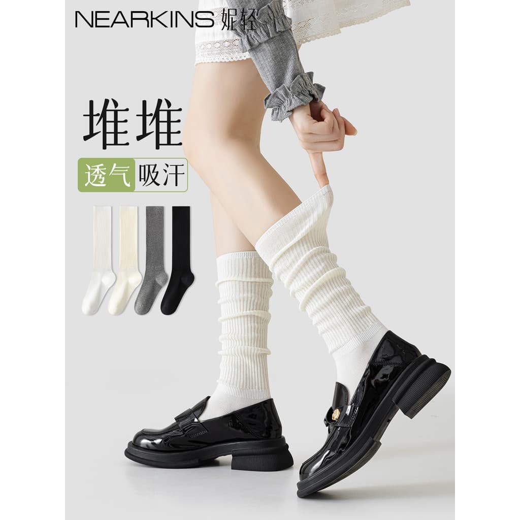 Combinando pequenos sapatos de couro meias femininas puro algodão fino bezerro pilha meias primavera verão branco meados