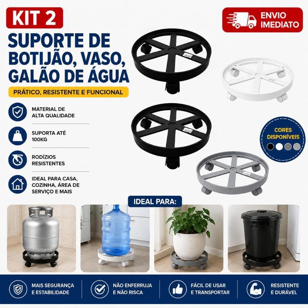 Kit 2 Suporte Apoio Botijão Gás Vaso Galão Água Base Rodinha