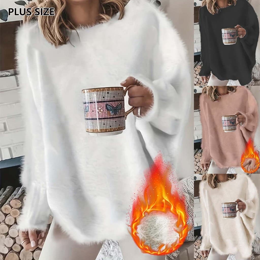 Cor sólida lã de vison em torno do pescoço boneca manga solta Casual Plus Size pulôver de malha feminino topo 7.16