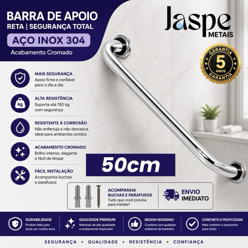 ALÇA BARRA DE APOIO 50CM ALUMINIO CORRIMÃO BANHEIRO PISCINA CLÍNICA + SEGURANÇA IDOSO GESTANTE PCD
