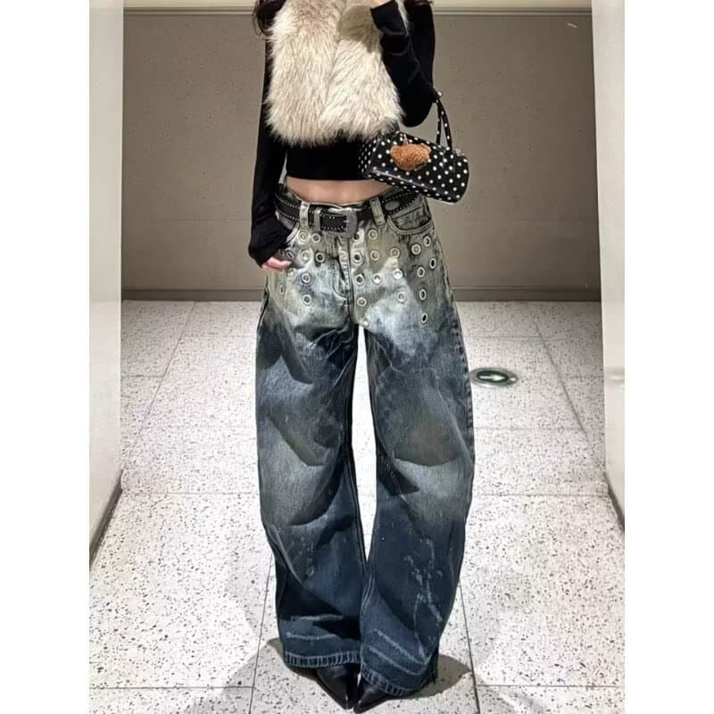 Americano Retro gradiente rebites Jeans lavados 2026 primavera novo estilo solto mais magro olhar Casual calças comprida