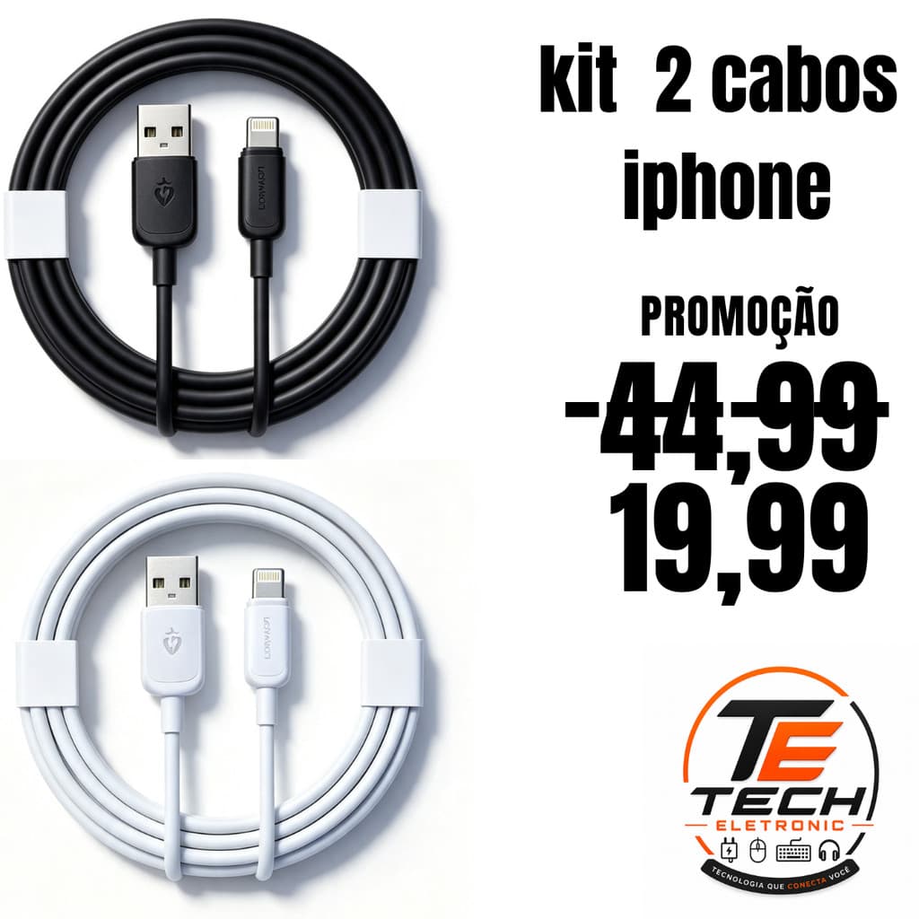 2 cabos IPhone Lightning 7, 8, 9, XR, 12, 13 e 14 Pro Max Turbo Carregamento Rápido IOS