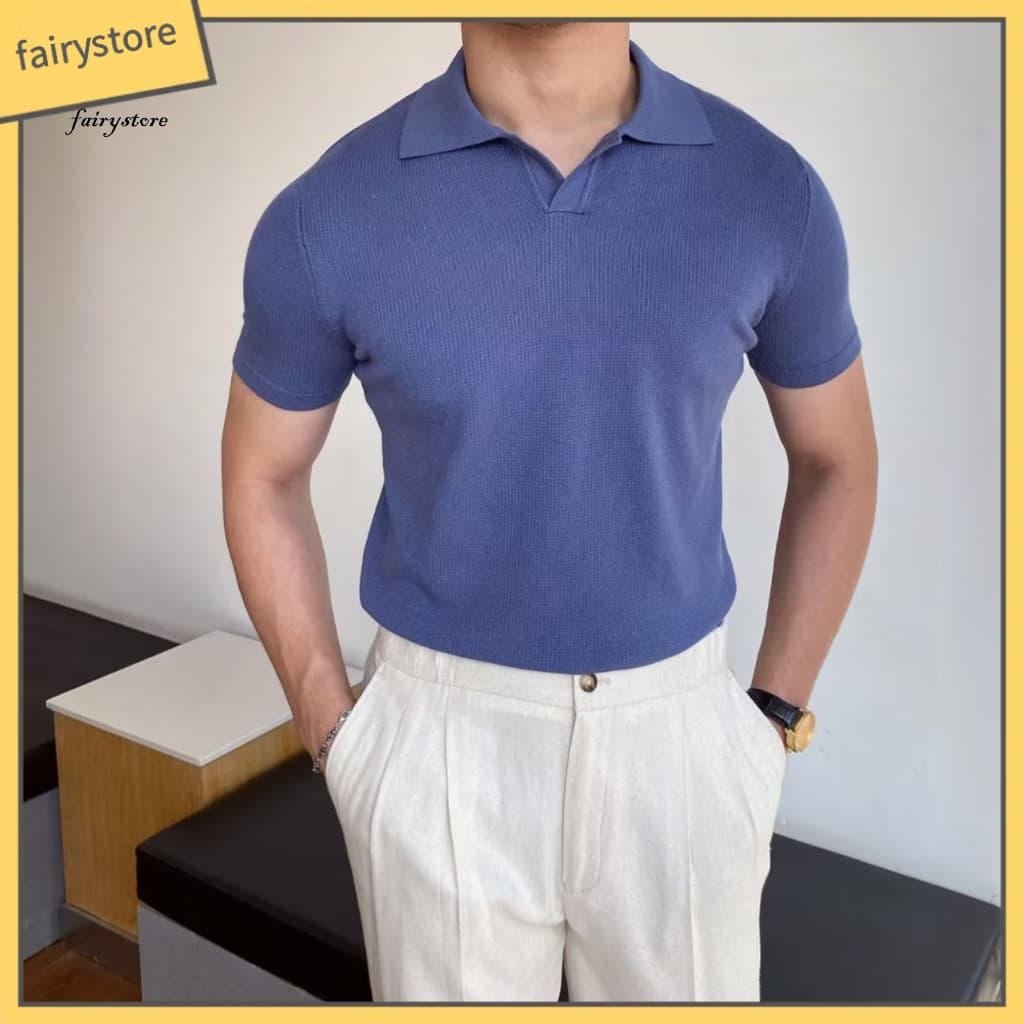 Men Lapel T-shirt Solid Color Tee Men's Summer Short Sleeve V Neck Turn-down Collar Loose Fit Mid-length Pullover Casual