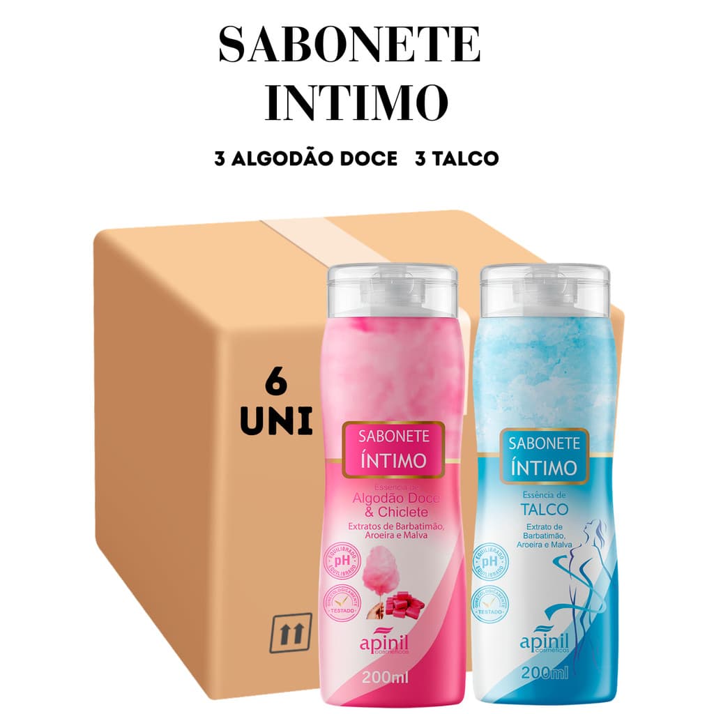 Kit 06 Unidades Sabonete Intimo 3 Algodão Doce 3 Talco 200ML Apinil (Campanha)