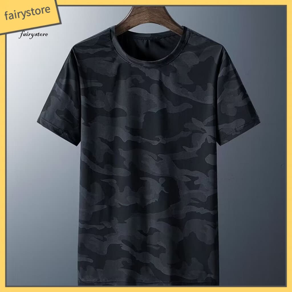 Men Round Neck T-shirt Camouflage Men's Summer Ice Silk Short Sleeve Print Loose Fit Casual Streetwear Sport Jogging Top