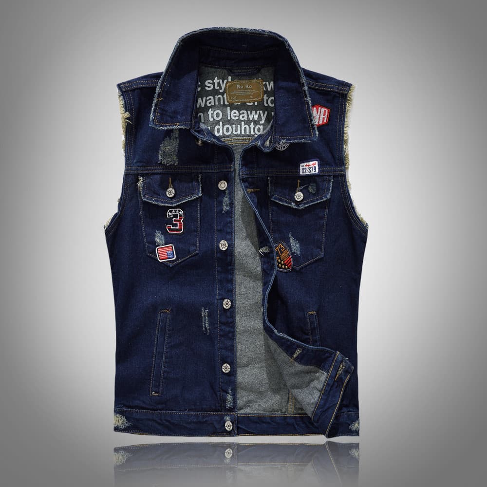 Masculino Azul Denim Colete Sem Mangas Casual Fino Ajuste Botão Jaqueta Frontal Com Detalhe De Remendo Ao Ar Livre Camad