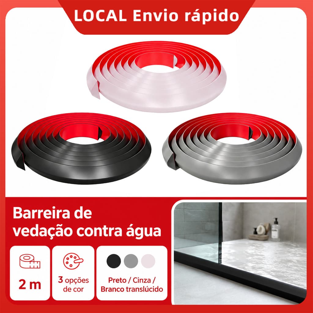 Fita Vedação Impermeável 2m, Barreira de Água TPE, 3 Cores para Box, Banheiro, Pia e Cozinha
