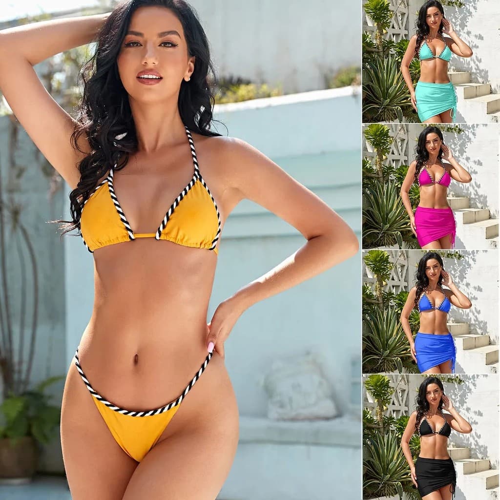 Biquíni feminino estilo europeu e americano 2025, em nylon brilhante, lindo biquíni de praia para garotas.
