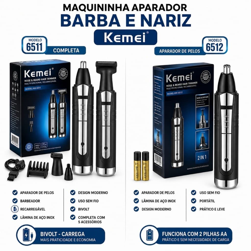 Máquina Cortar Cabelo Kemei Aparador Tirar Pelos Nariz Barba Acabamento Kemei km-6511 ou km-6512