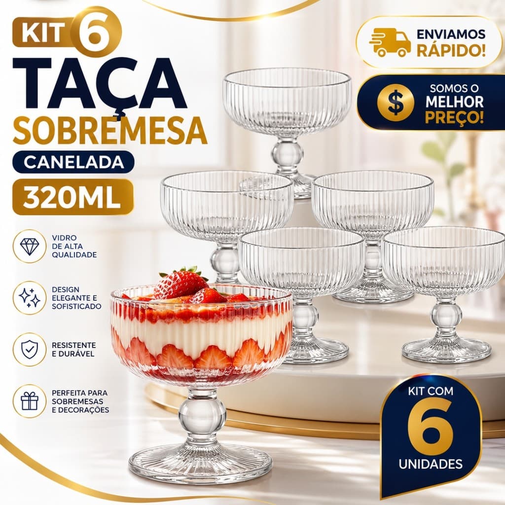 Conjunto 6 Taças Sobremesa 320ml Vidro Canelado 12 Sorvete Açaí Mousse Tigela Resistente Luxo