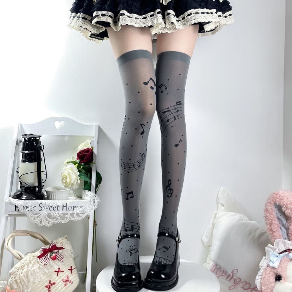 Novas Meias Longas Lolita com Estampa de Notas Musicais, Meias Acima do Joelho Únicas para Meninas da Subcultura Y2K