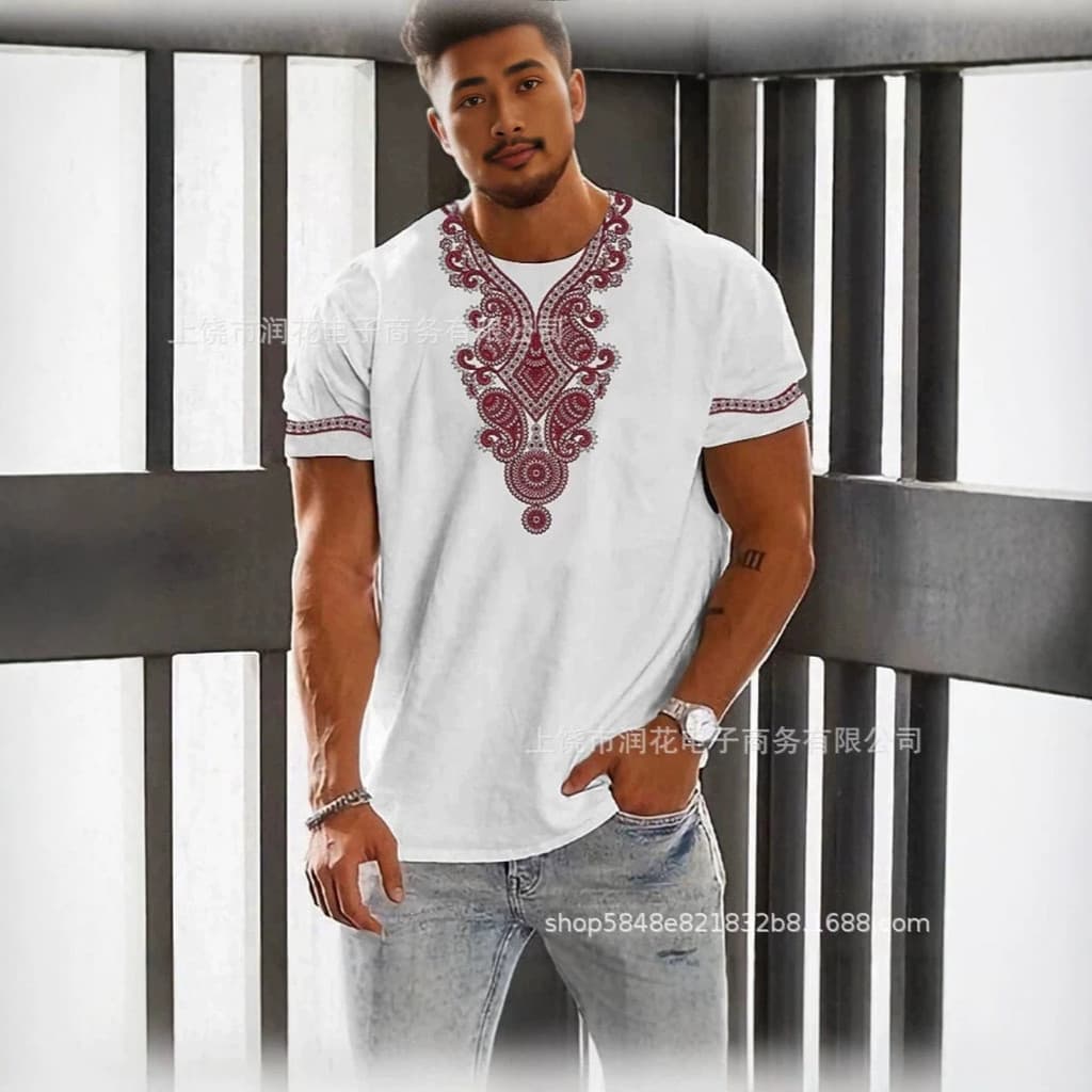 Estilo de férias peito padrão étnico 3D impresso camiseta branco ombro caído solto de manga curta masculino t