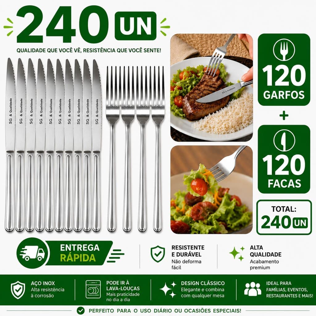 Kit 240 Talheres Mesa Posta 120 Garfos 120 Facas Inox Premium Eventos Churrasco Buffet