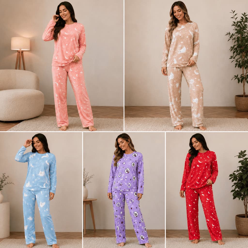 Pijama Suede Inverno Feminino Vanessa  Longo Conjunto com Blusa de Frio Calça Comprida Confortável Cores Variadas