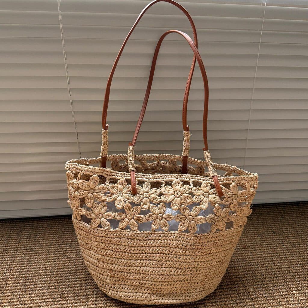 Bolsa de Ombro Feminina Romântica de Ráfia Trançada Estilo Sul-Francês, com Renda Vazada, para Férias na Praia