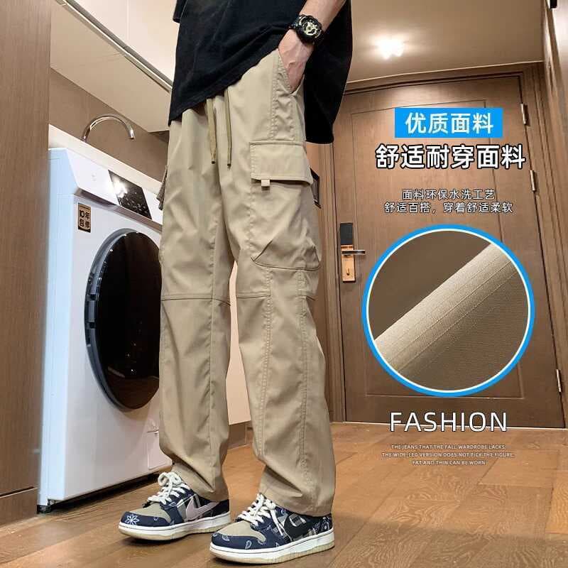 Novo produto 2025 primavera outono macacão adolescentes solto cordão reto Casual calças compridas masculino Multi-bolso