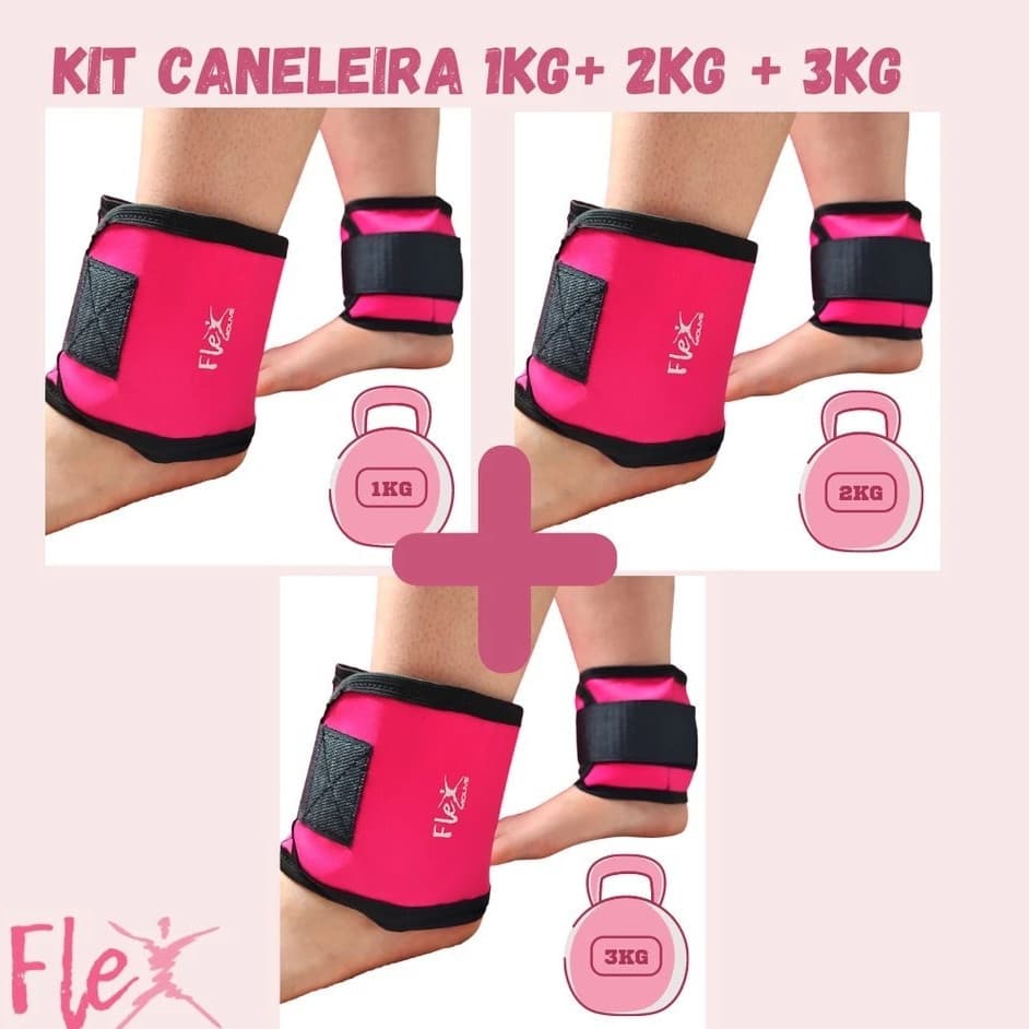 Kit Caneleira Peso Tornozeleira PAR 1kg + 2kg + 3kg Rosa Exercício Musculação